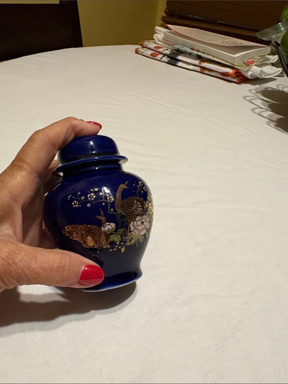 Cobalt Blue Porcelain Lidded Vase with Gold and Floral Motif
